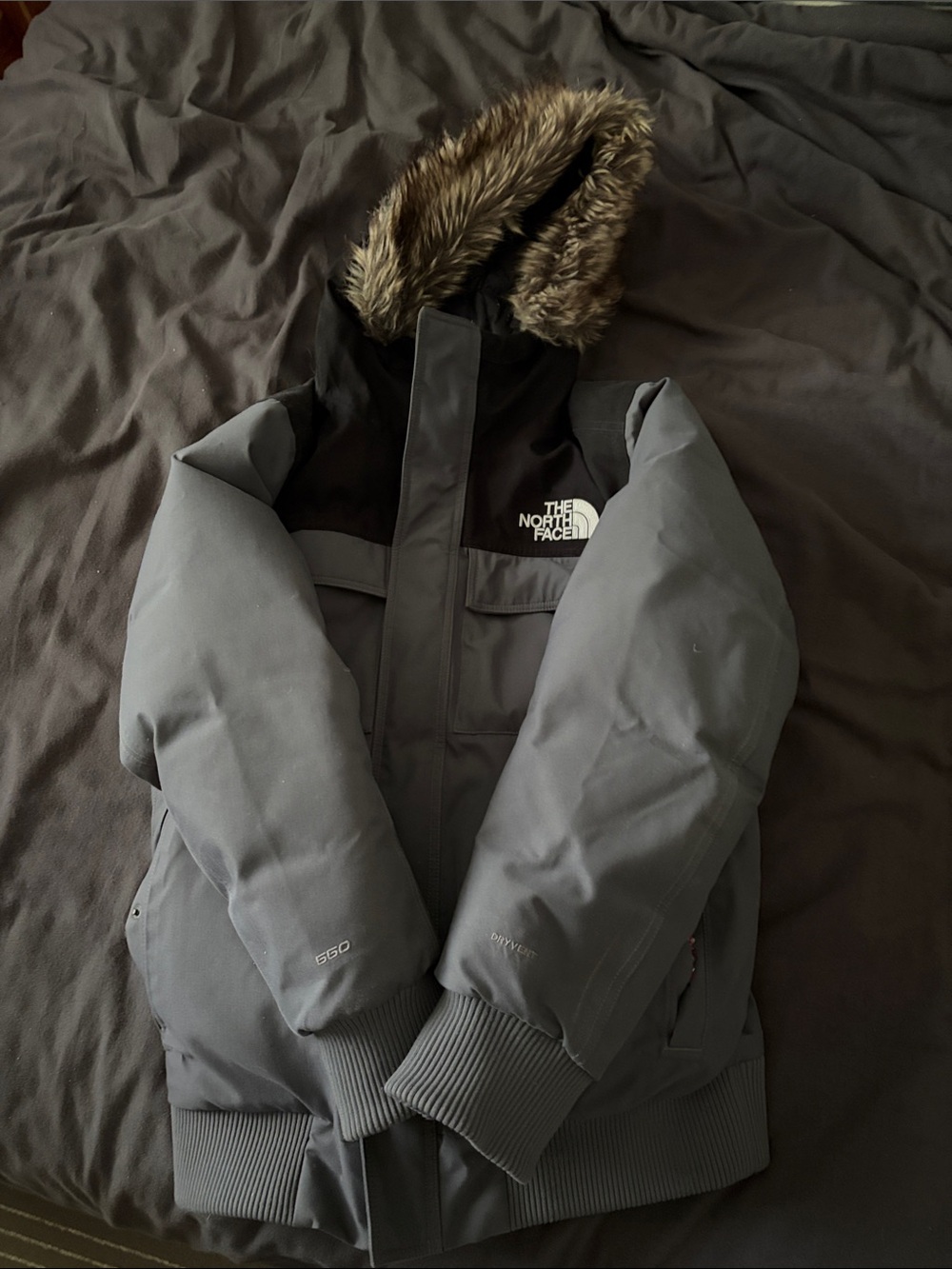 The North Face Men's Gray and Black Puffer Jacket with Faux-Fur Hood